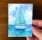 ACEO Original Blue and White Sail Boat Ocean Watercolor Mini Art 2.5x3.5 - OOAK — photo 1