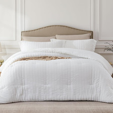 White Queen Comforter Set - 3 Pieces Seersucker Lightweight Bedding Comforter Se