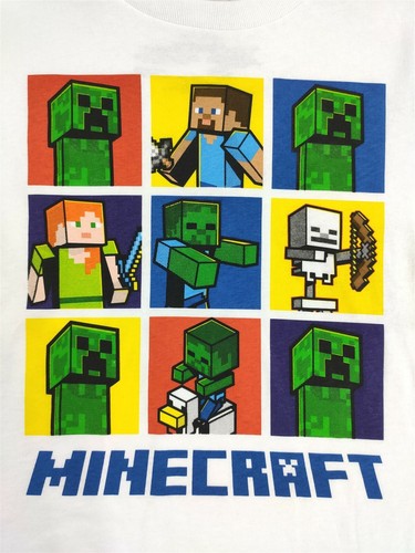 Minecraft Shirt Boys Medium 8 Steve Alex Skeleton Zombie White Short Sleeve Tee - Picture 2 of 3