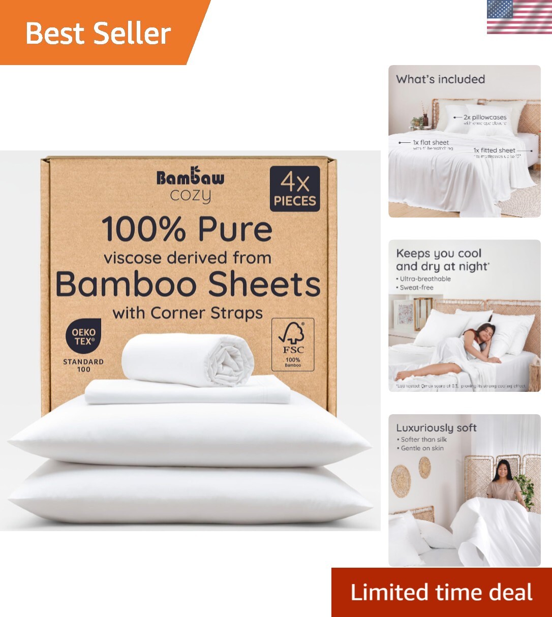 Luxury Full Size Bamboo Cooling Bed Sheets Set - 4pc Soft Breathable Bedding  