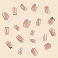 24pcs Golden Pearl Glitter Press-On Nails, Square Shape, Middle Length, Glossy