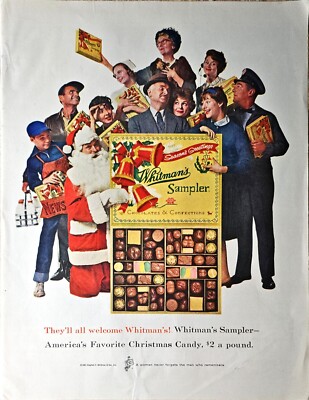 Whitman's Sampler Christmas Holiday Santa Claus Mailman -1961 Vintage Print Ad