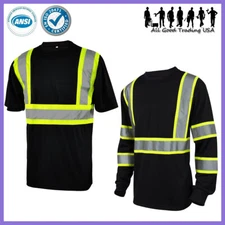 Hi Vis Class 3 Work T Shirt Reflective Safety Tee Short/Long Sleeve - Black
