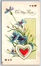 Greetings~To My Love~Red Heart W/ Blue Flowers~Emb~Made In USA~Vintage Postcard