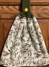 Double hanging kitchen towel winter xmas leaves berries cocheted green top