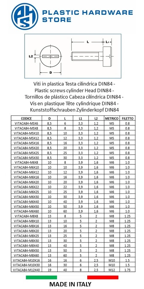 Viti in plastica Testa cilindrica DIN84 Taglio Fessura - PHS - Immagine 3 di 3