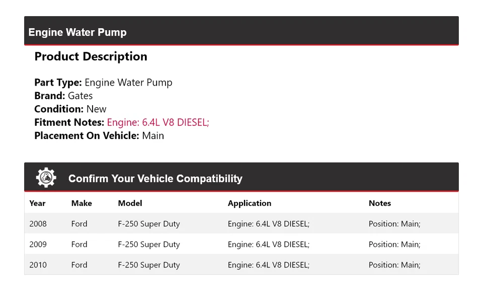 适用于 2008 - 2010 福特 F-250 Super Duty 6.4L V8 DIESEL 发动机水泵主门 — 第 2/4 张图片