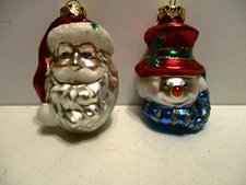 2 Small Glass Sparkly Christmas Ornaments  1 Santa and 1 Snowman Heads  #1