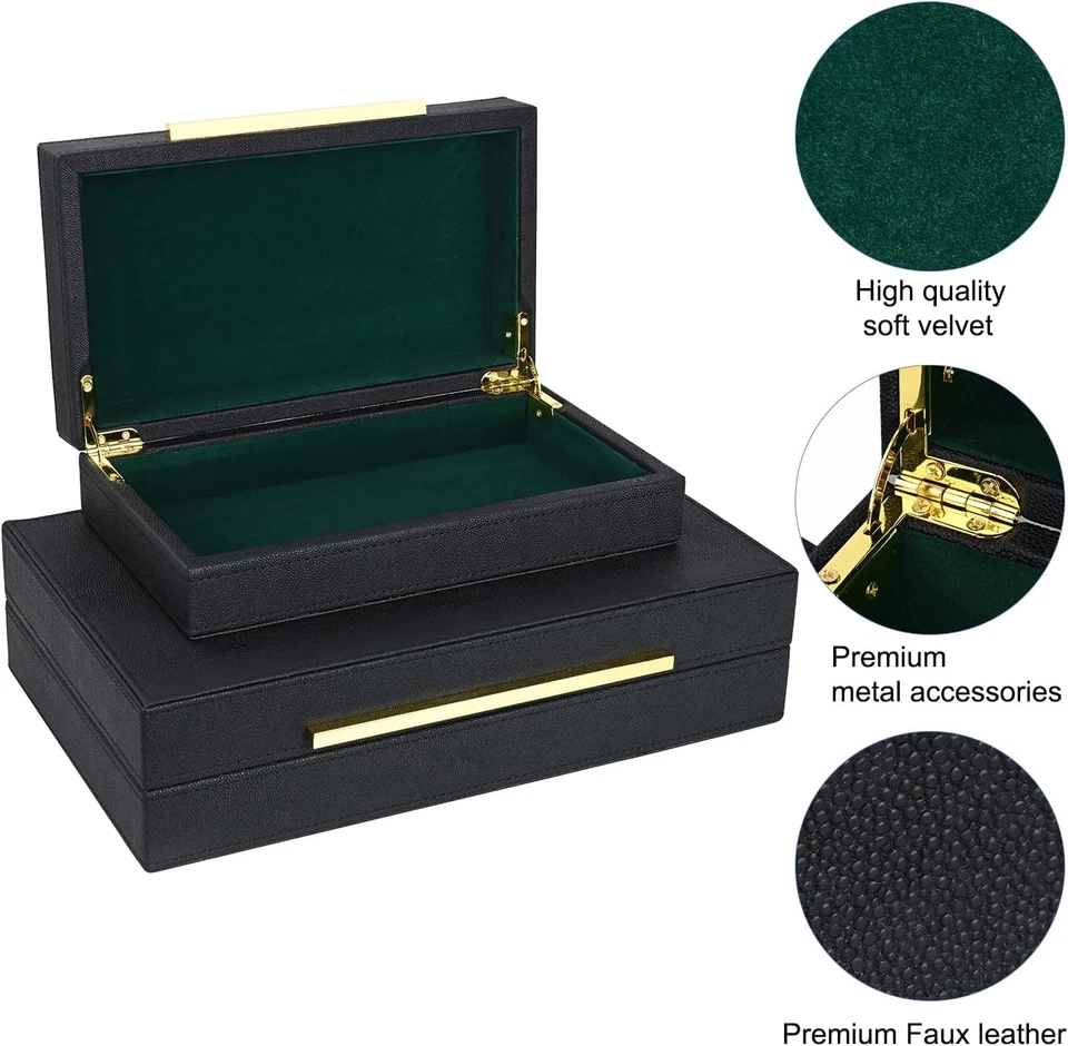 Black Shagreen Box Set of 2 Faux Leather Decorative Boxes,Large Nesting Storage - Image 3 of 4
