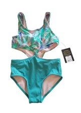 Art Class Girl Size M 8 Swimsuit Green Multicolor Tropical Print One Piece NWT