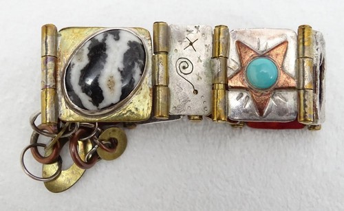 Robin Lee Becker Steampunk Techno Art Sterling Copper Mixed Metal Gems Bracelet - Picture 4 of 12