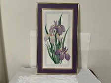 Vintage Handmade Completed Floral Needlepoint Framed Iris Bouquet 24 X 14