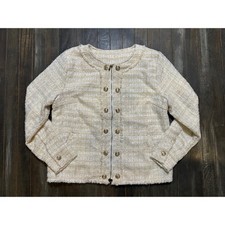Womens Cream Gold Tweed Zip Front Jacket Gold Crest Buttons Textured Blazer