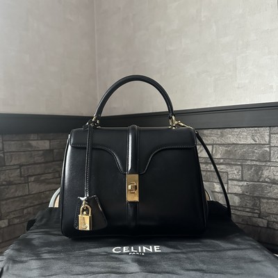 CELINE 16 Small Black Satined Calfskin Leather Shoulder Bag Top Handle 2WAY Auth