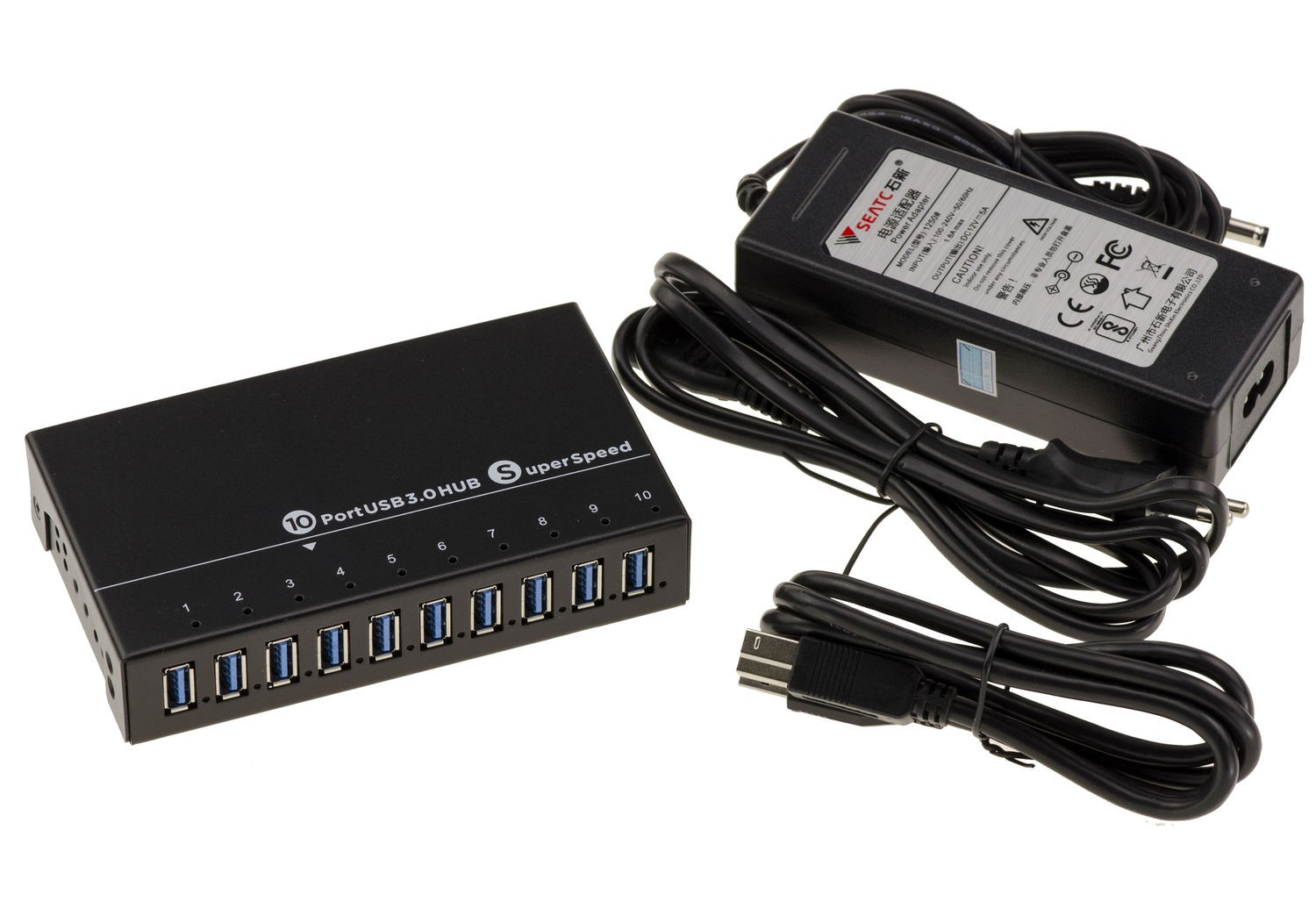 Hub USB 3.0 10 ports boîtier métallique alimentation 60W 5Gbps
