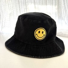 Black Smiley Face Embroidered Bucket Hat 90s Style Sun Hat Cute Casual Summer
