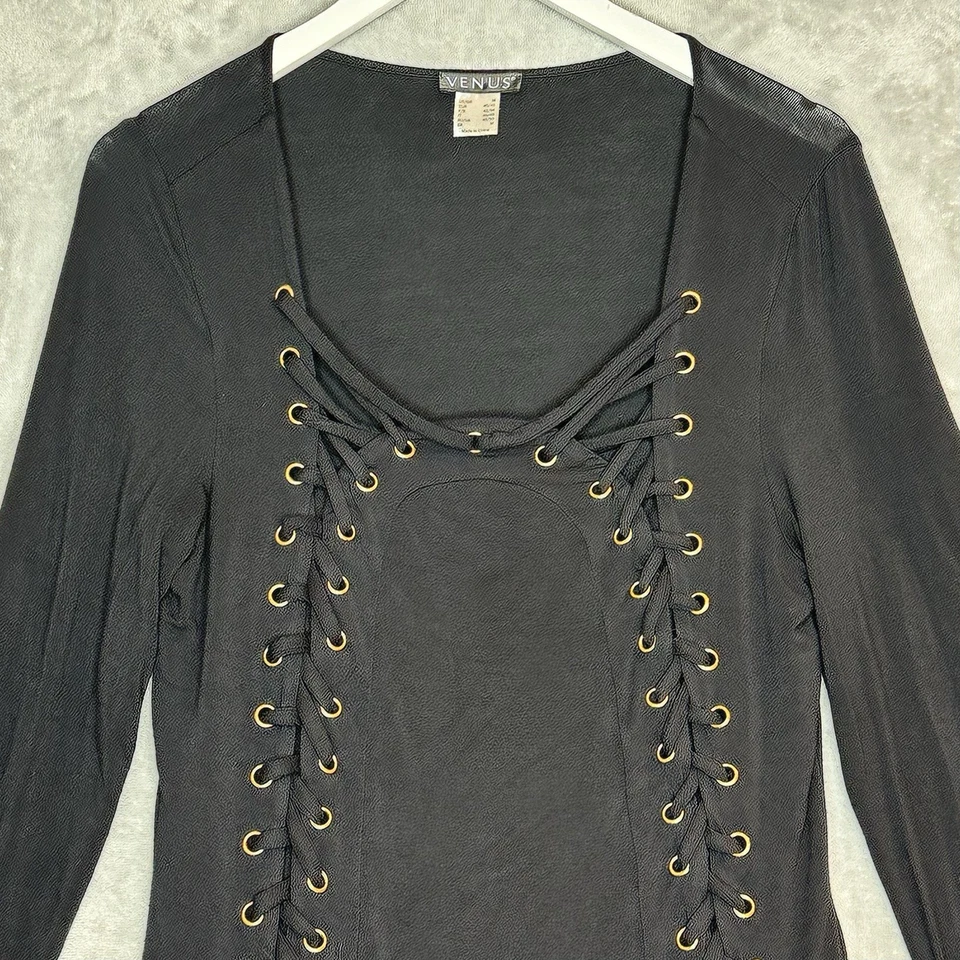 Top tejido con cordones Venus para mujer M negro caprichoso bruja oscura grunge vampiro motociclista usado en excelente estado Foto 2 de 4