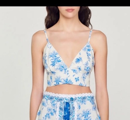 NWT SANDRO Floral-Print Bralette Top Linen Blend Women Size 3 US Size Large Blue