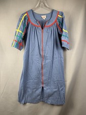 Vintage Smart Time House Coat Blue Zip Front Stripe Sleeve Retro 70s