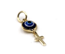 9ct Yellow Gold 7mm Mati Nazar Lucky Evil Eye  Cross Charm Pendant-Free Post