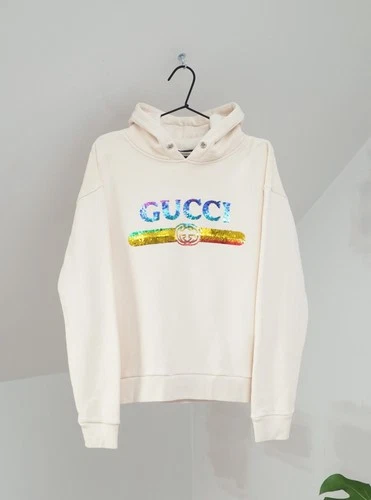 Gucci Luxury Women's Cream Cotton Sequin-Embellished Hoodie Size M Made in Italy