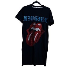HIP GIRL Black T Shirt Dress Rolling Stones Lips Sequins Blue Glitter M