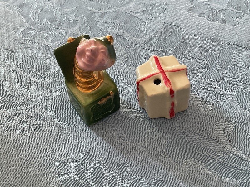 Vintage Arcadia Jack-in-the-box and miniature gift  salt and pepper set