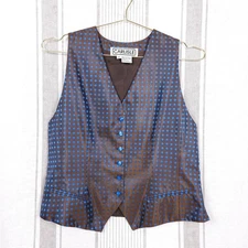 VTG CARLISLE Vest Womens 10 Silk Polka Dot Brown Blue Twee Cute Maximalist Style