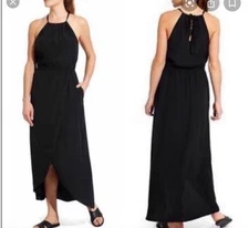 Athleta Black Ripple Maxi Dress Size Medium Athleisure Casual Tulip Hem
