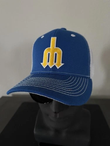 RETRO THROWBACK SEATTLE MARINERS TRIDENT LOGO ADULT SNAPBACK TRUCKER HAT NEW ?