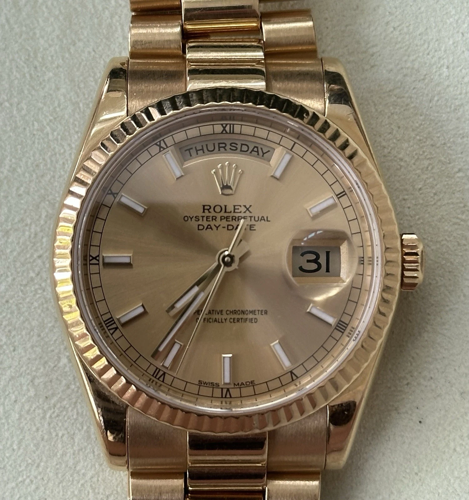Rolex Day Date President 118238 Champagne Index Dial 36mm 18k Yellow Gold Watch