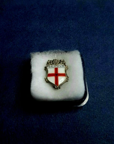 Spilla Vintage Souvenir - Genova - Metallo Placcato Argento - Smalto - Foto 4 di 6