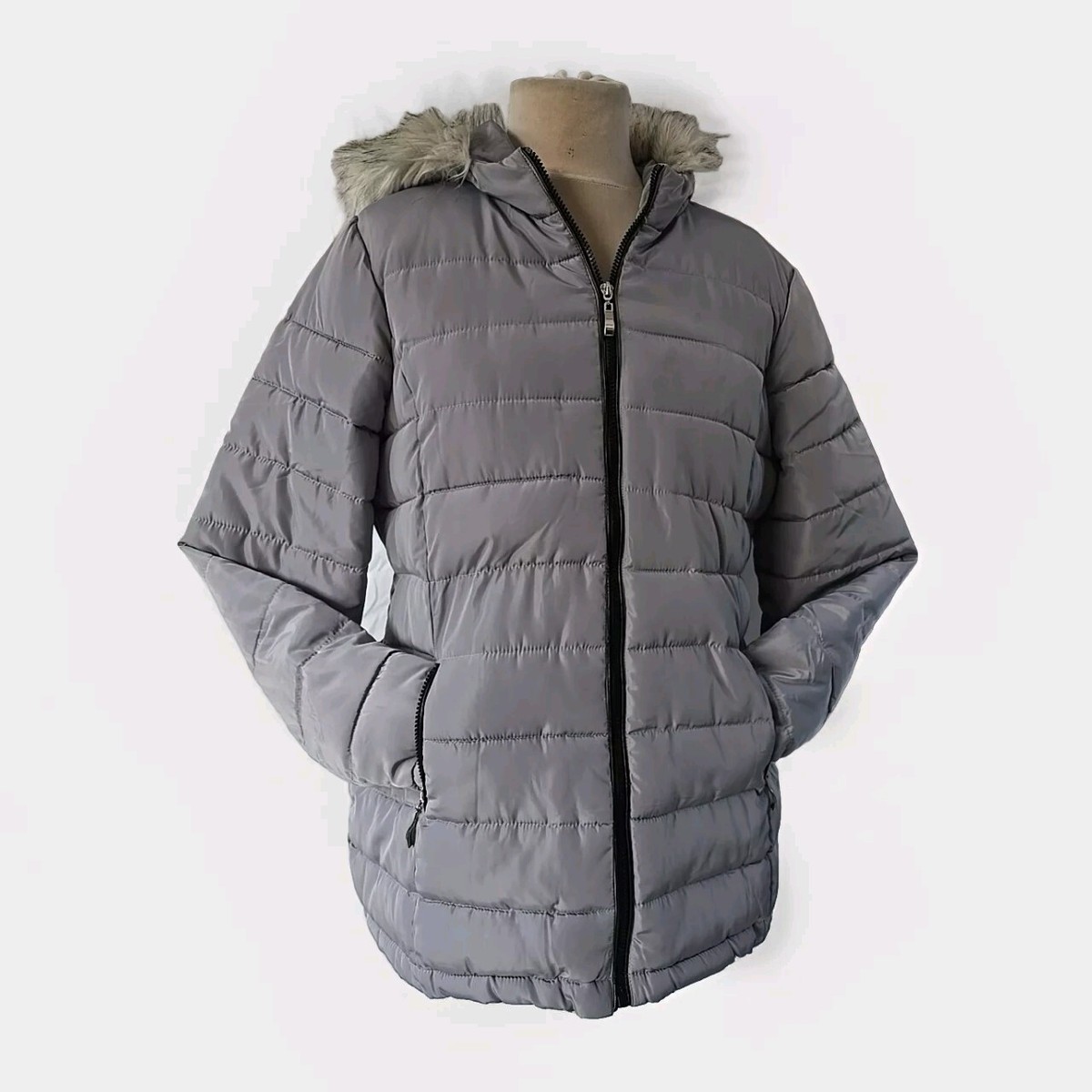 WOMENS DOROTHY PERKINS UK 18 SILVER GREY ZIP UP FAUX FUR HOOD