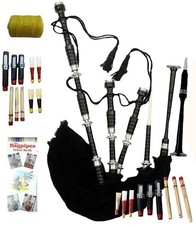 Black New Highland Scottish Bagpipes Silver Mounts Black Velvet Cover with Bag