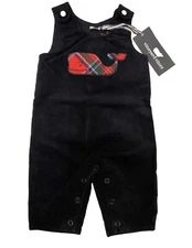 $53 Vineyard Vines Tartan Plaid Whale Navy Corduroy Overalls Baby 12-18  Months