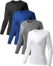 TELALEO 4 Pack Women's Compression Medium, Long Sleeve-black+grey+white+blue 
