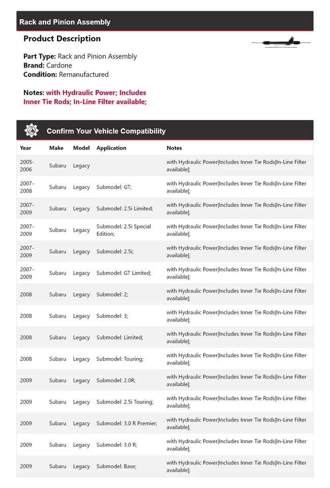 Conjunto de piñón y cremallera Cardone para Subaru Legacy 2005-2009 2006 2007 2008 Foto 2 de 4