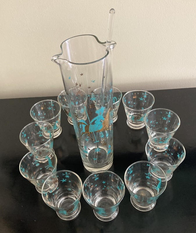 Vintage MCM Barware Persian Polo Cocktail Set 32 oz. Pitcher w/ 11  4oz. Glasses