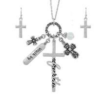 WALK BY FAITH Multi Charm Pendant Necklace and Earrings Set White Gold