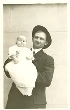 FATHER & CHILD Photo Postcard HAPPY BABY Christening? ANTIQUE c1920