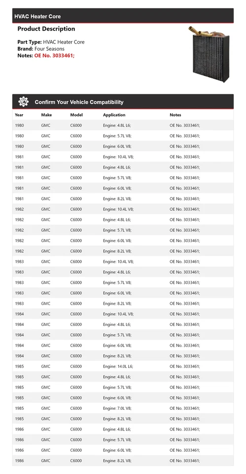 Núcleo de calefacción de climatización GMC C6000 1980-1986 4 estaciones 1981 1982 1983 1984 1985 Foto 2 de 4
