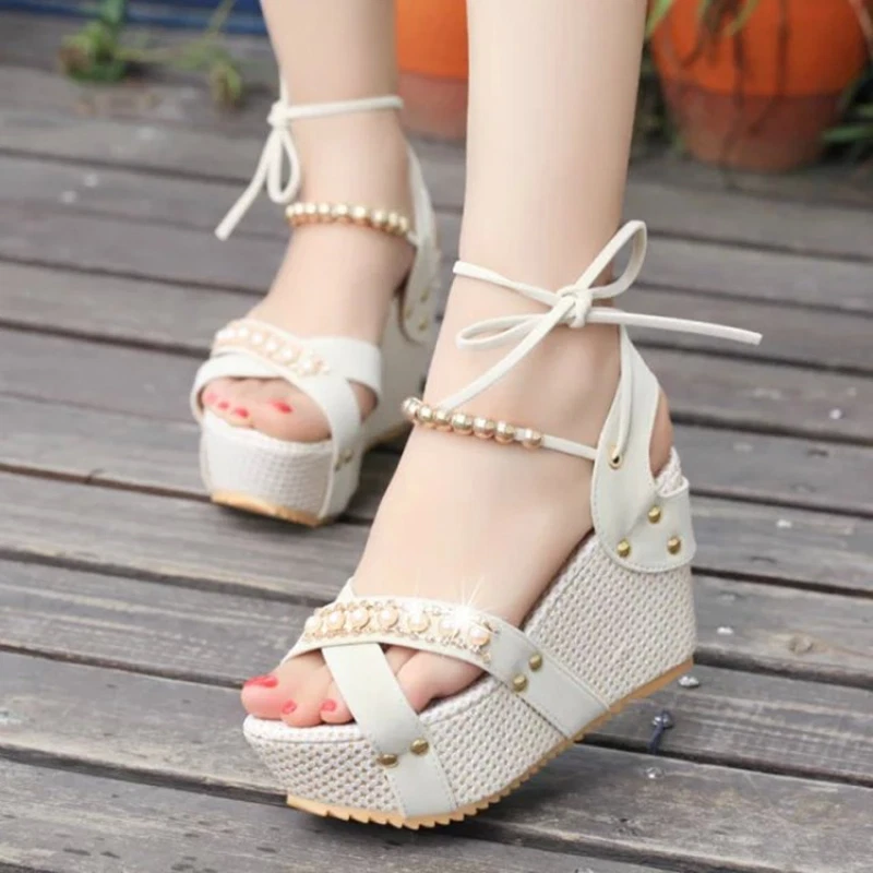 Lace top wedge heels