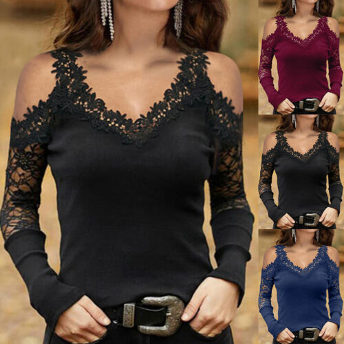 Lace Floral Women Sexy V Neck Tops Ladies Slim Long Sleeve Blouse T-Shirt Tee US
