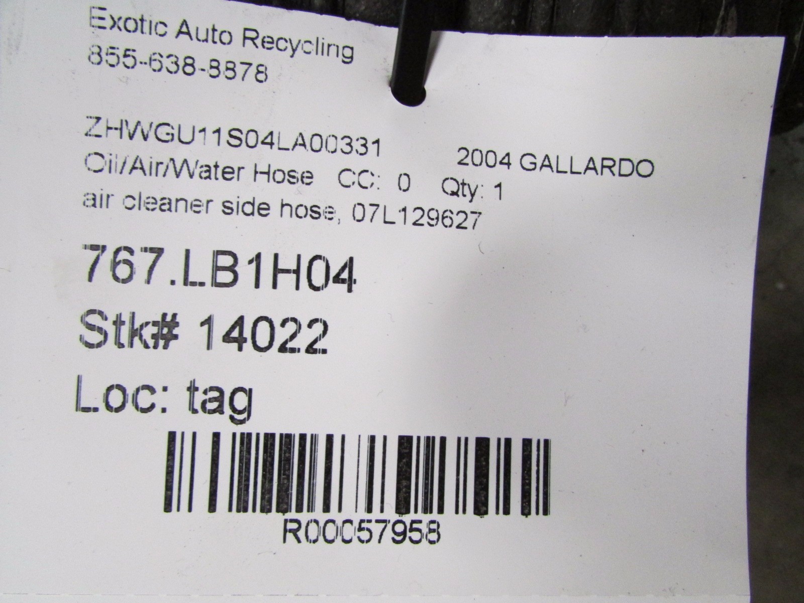 Lamborghini Gallardo, LH, Left Air Duct Tube, Used, P/N 07L129627