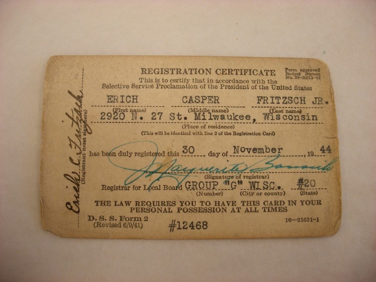 Vtg WW2 1944 US Army Selective Service Registration Certificate