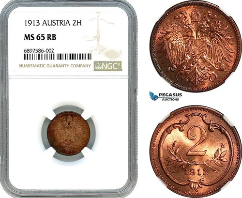 AK087, Austria, Franz Joseph, 2 Heller 1913, NGC MS65RB, Pop 1/0