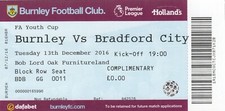 Ticket - Burnley Youth v Bradford City Youth 13.12.16 FA Youth Cup