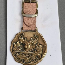 The National Sportsman Buck Deer Rifle Medal Token Watch Fob W/ Leather Strap