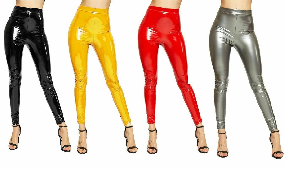 Womens Vinyl Shiny Disco Leggings Ladies PVC Wet Look Stretchy Pants PLUS  SIZE