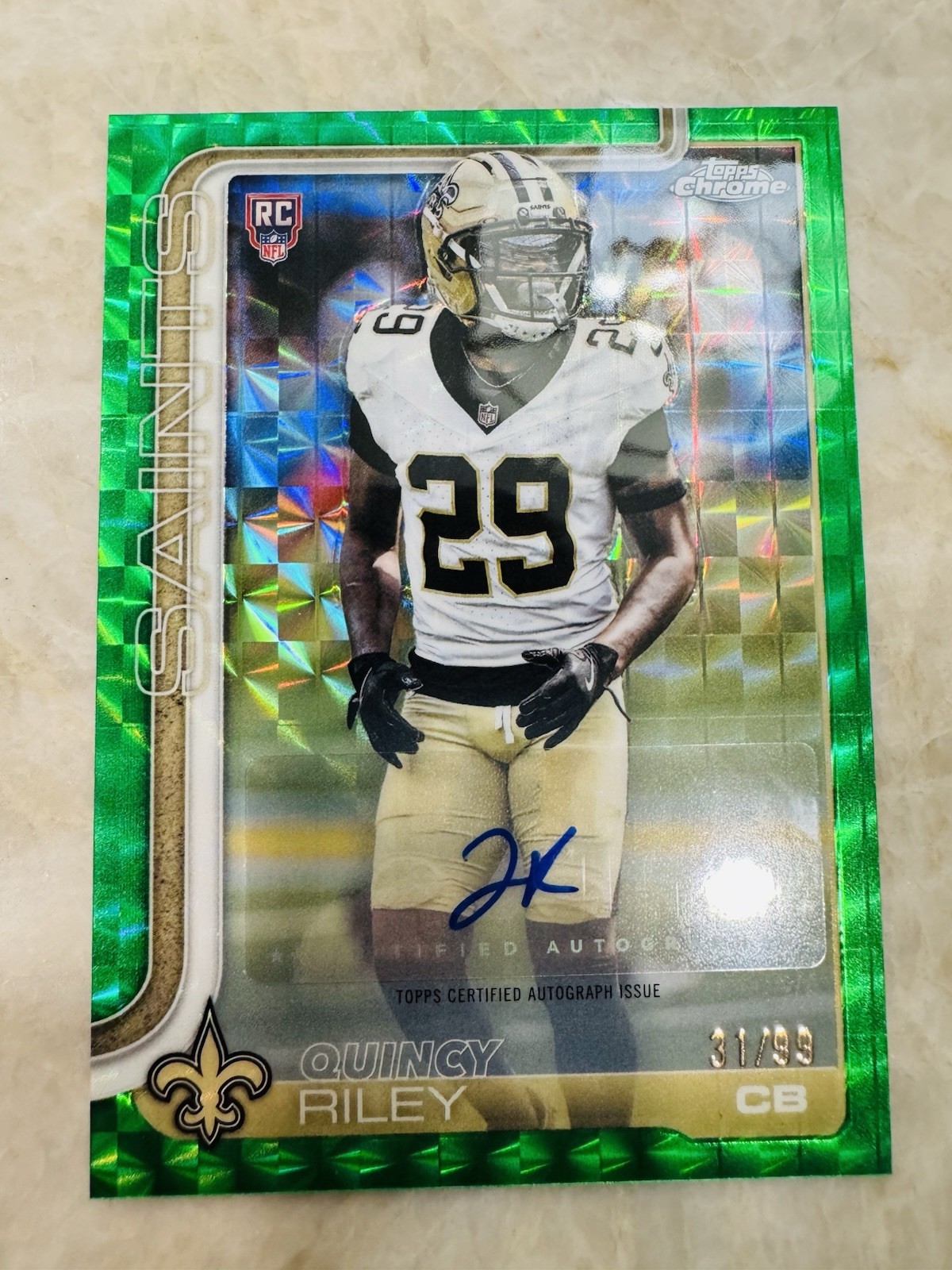 Topps 2025 Topps Chrome Quincy Riley RC Auto Green Geometric 31/99 Saints #RA-QR